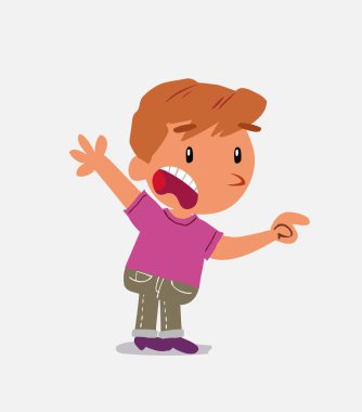 Çizgi film karakteri, kot pantolonlu küçük bir çocuk. Öfkeli bir şeyi işaret ediyor.