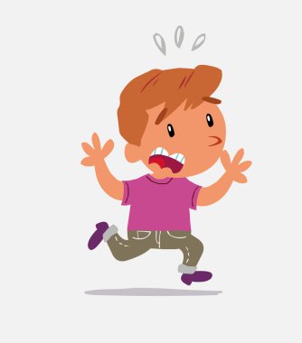 Çizgi film karakteri kot pantolonlu küçük çocuk dehşet içinde kaçıyor.