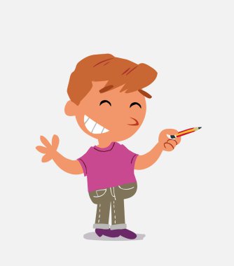 Çizgi film karakteri kot pantolonlu küçük bir çocuk bir yandan kalemle yan tarafı gösterirken komik bir şey söylüyor.