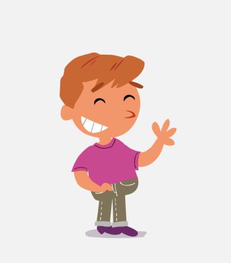 Çizgi film karakteri, kot pantolon giymiş gülerken el sallayan küçük bir çocuk.