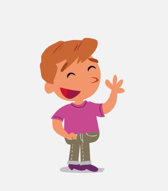 Çizgi film karakteri, kot pantolon giymiş gülümserken gayri resmi el sallayan çocuk.