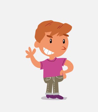 Çizgi film karakteri, gülümserken sallanan kot pantolonlu çocuk.