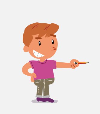 Mutlu çizgi film karakteri, kot pantolonlu, kalemli küçük çocuk.