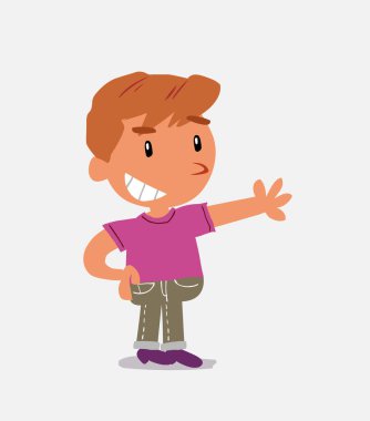 Mutlu çizgi film karakteri kot pantolonlu küçük çocuk bir şeye işaret ediyor.