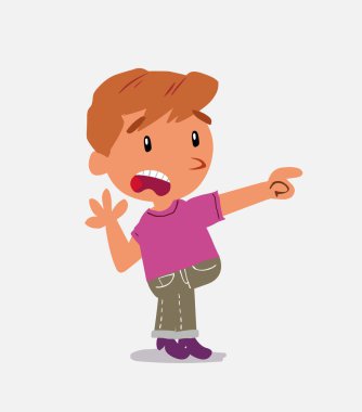 Şaşkın çizgi film karakteri kot pantolonlu çocuk bir şeyi işaret ediyor.