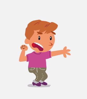 Çok kızgın bir çizgi film karakteri olan kot pantolonlu küçük bir çocuk bir şeyi işaret ediyor.