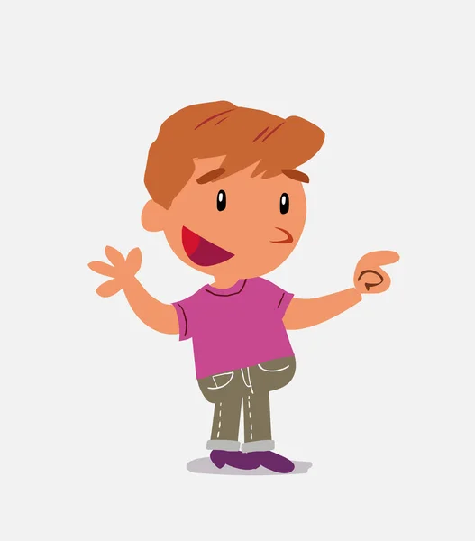 Cartoon Figur Des Kleinen Jungen Auf Jeans Lächelt Beim Zeigen — Stockvektor