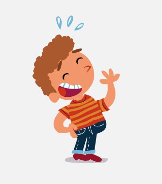 Çizgi film karakteri kot pantolon giymiş mutlu bir şekilde gülen çocuk.