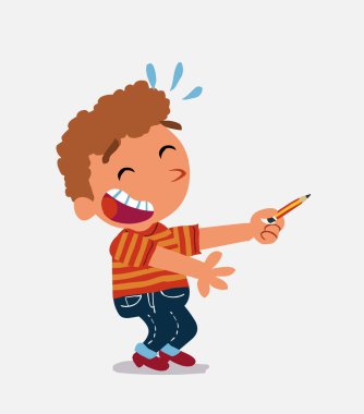 Çizgi film karakteri kot pantolon giymiş küçük bir çocuk kalemle yan tarafı gösterirken gülüyor.