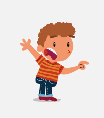 Çizgi film karakteri, kot pantolonlu küçük bir çocuk. Öfkeli bir şeyi işaret ediyor.