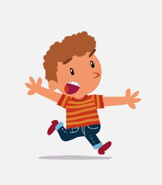 Çizgi film karakteri, kotlu küçük çocuk kızgın koşuyor.