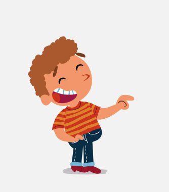 Çizgi film karakteri kot pantolonlu çocuk gülerken onun tarafını gösteriyor.