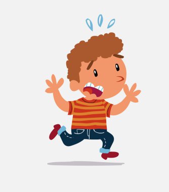 Çizgi film karakteri kot pantolonlu küçük çocuk dehşet içinde kaçıyor.