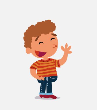 Çizgi film karakteri, kot pantolon giymiş gülümserken gayri resmi el sallayan çocuk.