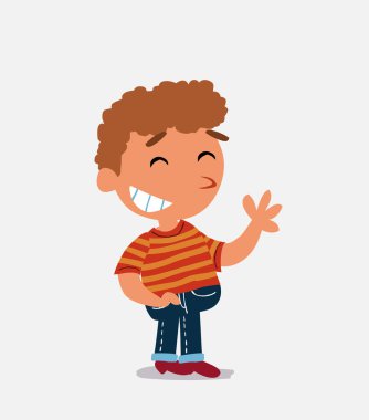 Çizgi film karakteri, kot pantolon giymiş gülerken el sallayan küçük bir çocuk.