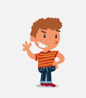 Çizgi film karakteri, gülümserken sallanan kot pantolonlu çocuk.