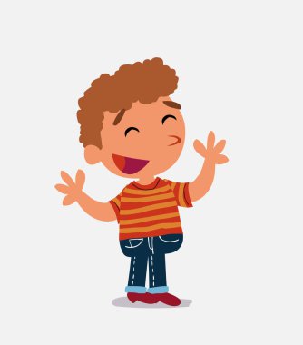 Kot pantolonlu küçük çocuğun bir şeyi açıklayan mutlu çizgi film karakteri.