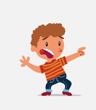 Korkmuş çizgi film karakteri kot pantolonlu küçük çocuk yan tarafı gösteriyor.