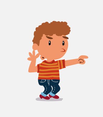 Şaşkın çizgi film karakteri kot pantolonlu küçük çocuk bir şeyi işaret ediyor.