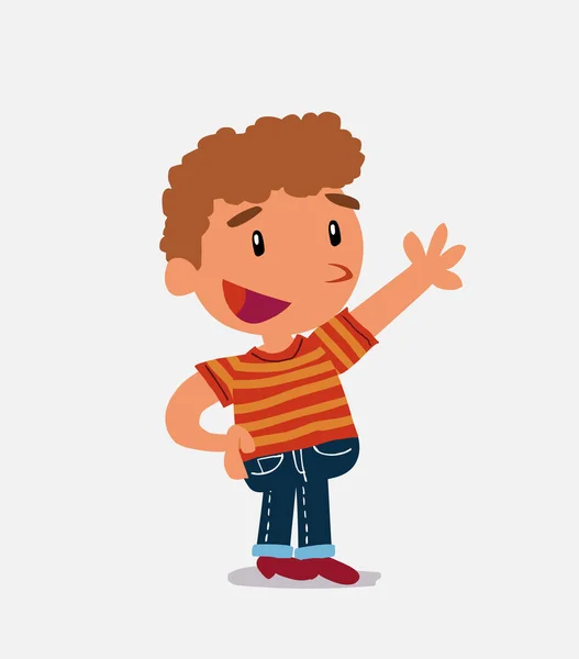 Personaje Dibujos Animados Niño Jeans Explicando Algo Mientras Señala — Vector de stock