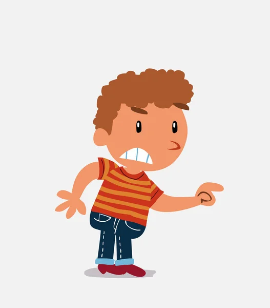 Мультяшний Персонаж Маленького Хлопчика Джинсах Вказує Щось Агресивне — стоковий вектор