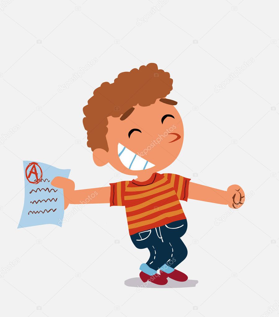 happy cartoon character of  little boy on jeans rejoices with exam in hand