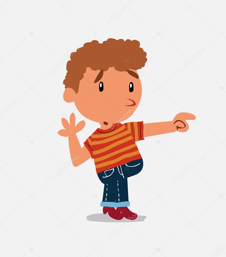 Surprised cartoon character of  little boy on jeans points to something to his side