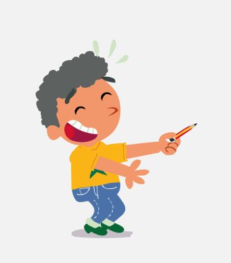 Çizgi film karakteri kot pantolon giymiş küçük bir çocuk kalemle yan tarafı gösterirken gülüyor.