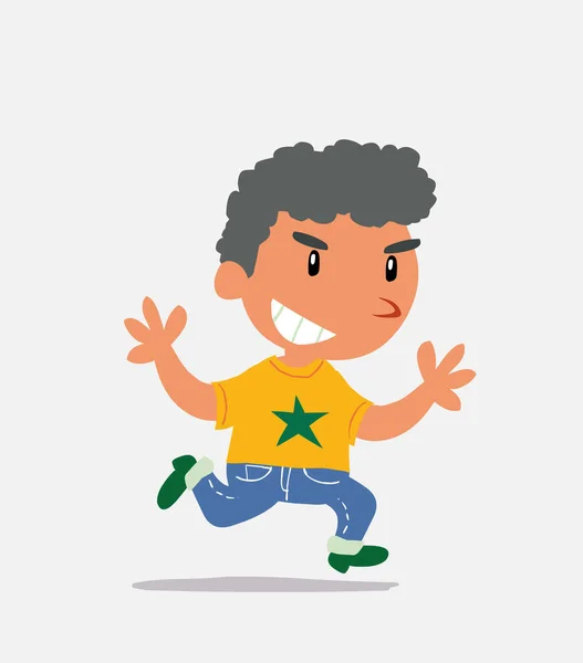 Zeichentrickfigur Des Kleinen Jungen Auf Jeans Läuft Sehr Zufrieden — Stockvektor