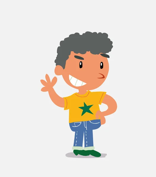 Zeichentrickfigur Des Kleinen Jungen Auf Jeans Winkt Lächelnd — Stockvektor