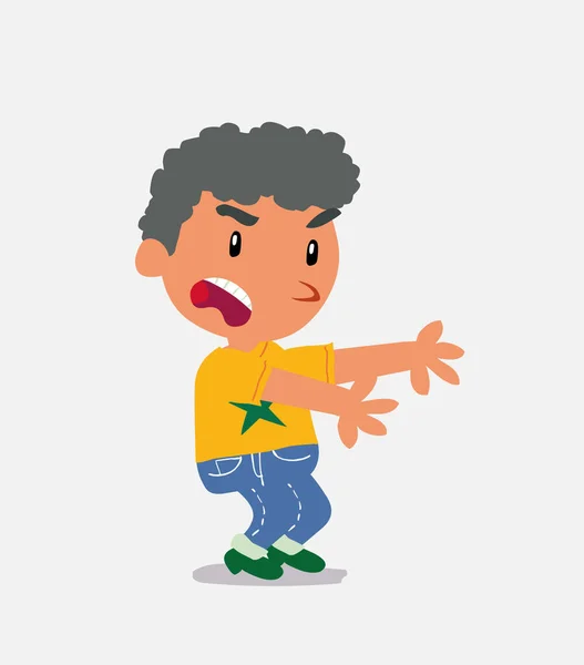 Sehr Wütende Zeichentrickfigur Eines Kleinen Jungen Auf Jeans Zeigt Auf — Stockvektor