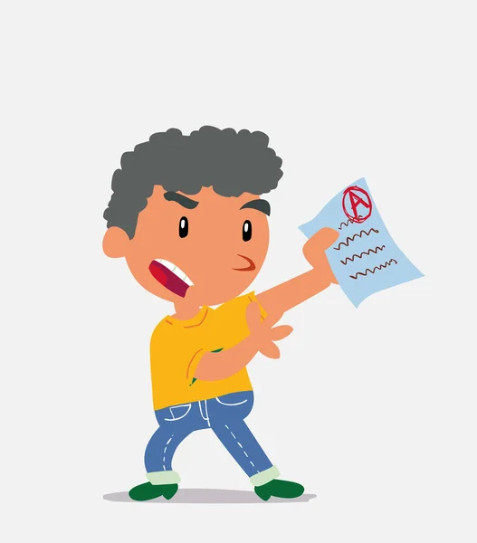 Personaje Dibujos Animados Niño Jeans Discutiendo Efusivamente Con Examen Mano — Vector de stock