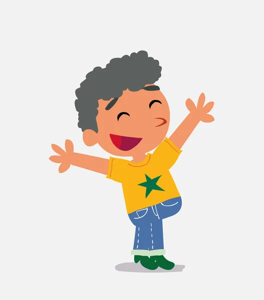 Zeichentrickfigur Des Kleinen Jungen Auf Jeans Feiert Etwas Mit Freude — Stockvektor