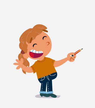 Çizgi film karakteri kot pantolonlu küçük kız mutlu bir yandan kalemle kenarı gösteriyor.