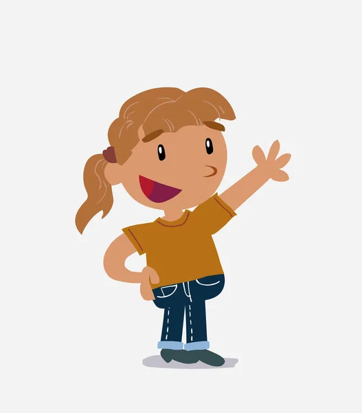 Zeichentrickfigur Eines Kleinen Mädchens Jeans Erklärt Etwas Während Sie Zeigt — Stockvektor