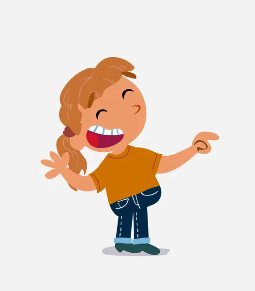 Personaje Dibujos Animados Niña Jeans Riendo Mientras Señala — Vector de stock