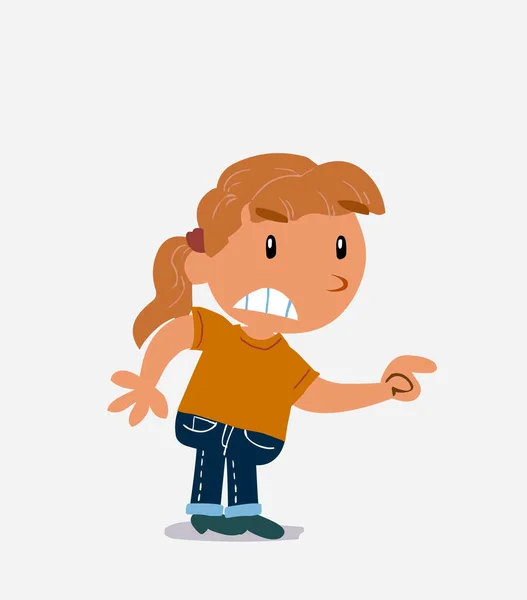 Personagem Desenho Animado Menina Jeans Apontando Algo Agressivamente — Vetor de Stock