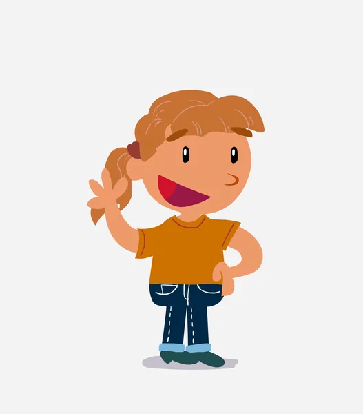 Personaje Dibujos Animados Niña Jeans Saludando Felizmente — Vector de stock