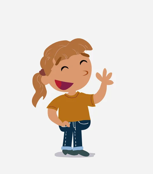 Zeichentrickfigur Eines Kleinen Mädchens Jeans Winkt Informell Und Lächelt Dabei — Stockvektor