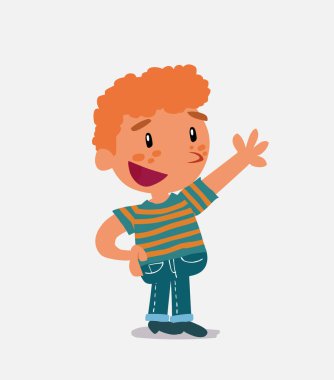 Çizgi film karakteri kot pantolon giymiş bir çocuğu işaret ederken bir şey anlatıyor.