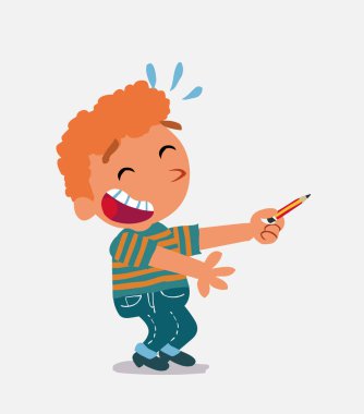 Çizgi film karakteri kot pantolon giymiş küçük bir çocuk kalemle yan tarafı gösterirken gülüyor.