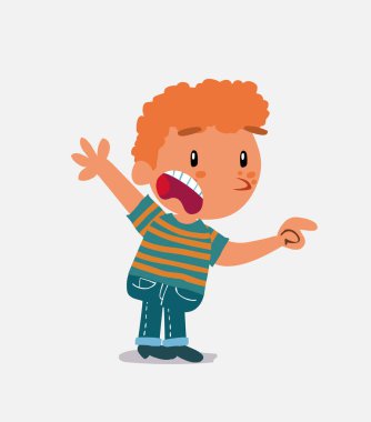 Çizgi film karakteri, kot pantolonlu küçük bir çocuk. Öfkeli bir şeyi işaret ediyor.