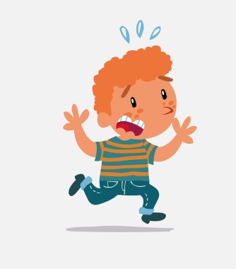 Çizgi film karakteri kot pantolonlu küçük çocuk dehşet içinde kaçıyor.