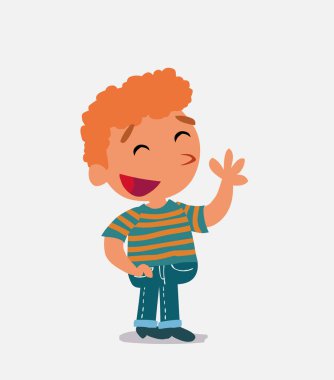 Çizgi film karakteri, kot pantolon giymiş gülümserken gayri resmi el sallayan çocuk.