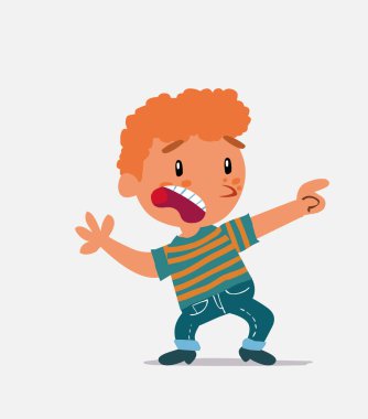 Korkmuş çizgi film karakteri kot pantolonlu küçük çocuk yan tarafı gösteriyor.