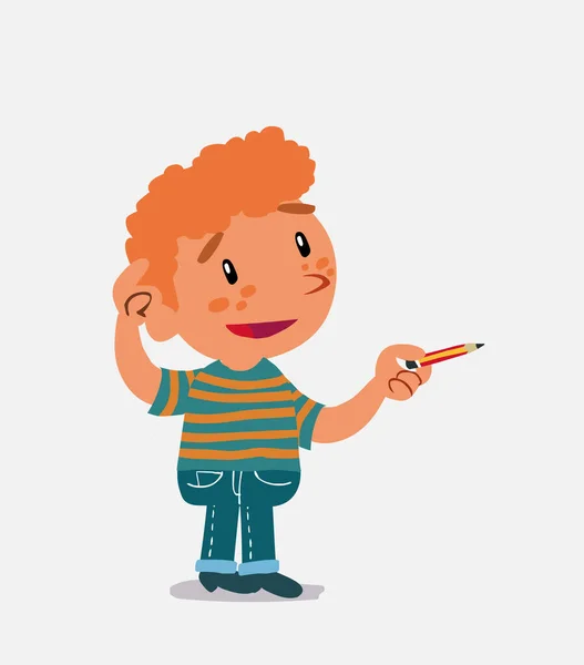 Personaje Dibujos Animados Niño Las Dudas Vaqueros Mientras Señala Con — Vector de stock