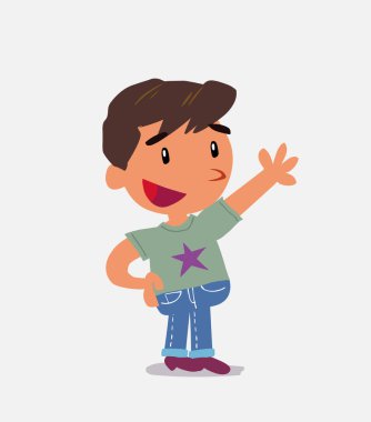 Çizgi film karakteri kot pantolon giymiş bir çocuğu işaret ederken bir şey anlatıyor.