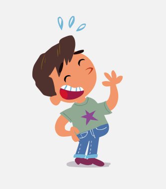 Çizgi film karakteri kot pantolon giymiş mutlu bir şekilde gülen çocuk.