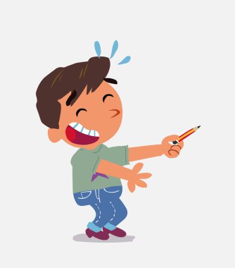 Çizgi film karakteri kot pantolon giymiş küçük bir çocuk kalemle yan tarafı gösterirken gülüyor.