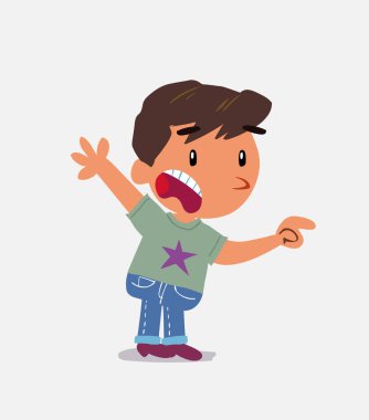 Çizgi film karakteri, kot pantolonlu küçük bir çocuk. Öfkeli bir şeyi işaret ediyor.